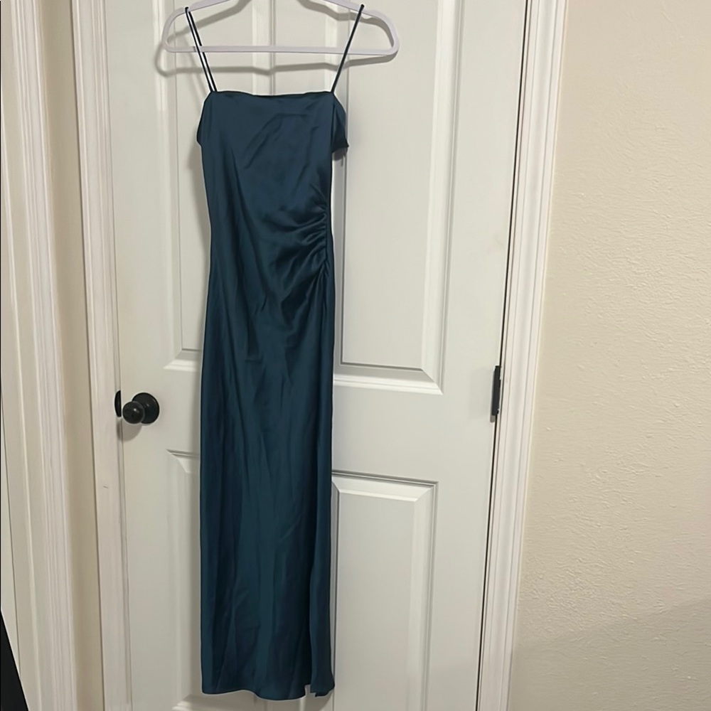 Zara Green Side Ruched Satin Slip Dress for Weddings/Formals